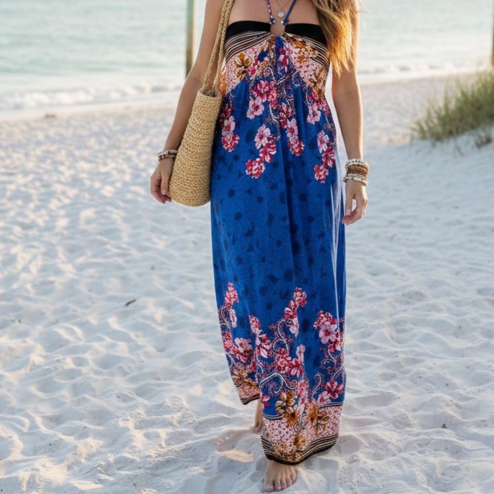 NWT La La Muse Blue Black Floral Strapless Halter Maxi Dress Size XL Boho Chic